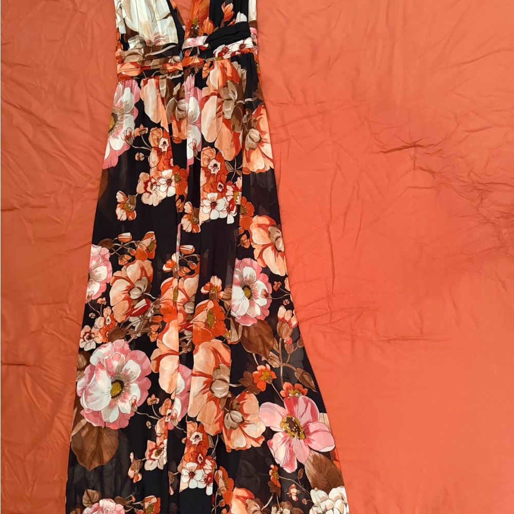Lulu's Black Floral Maxi Dress with Pink and Orange Blooms